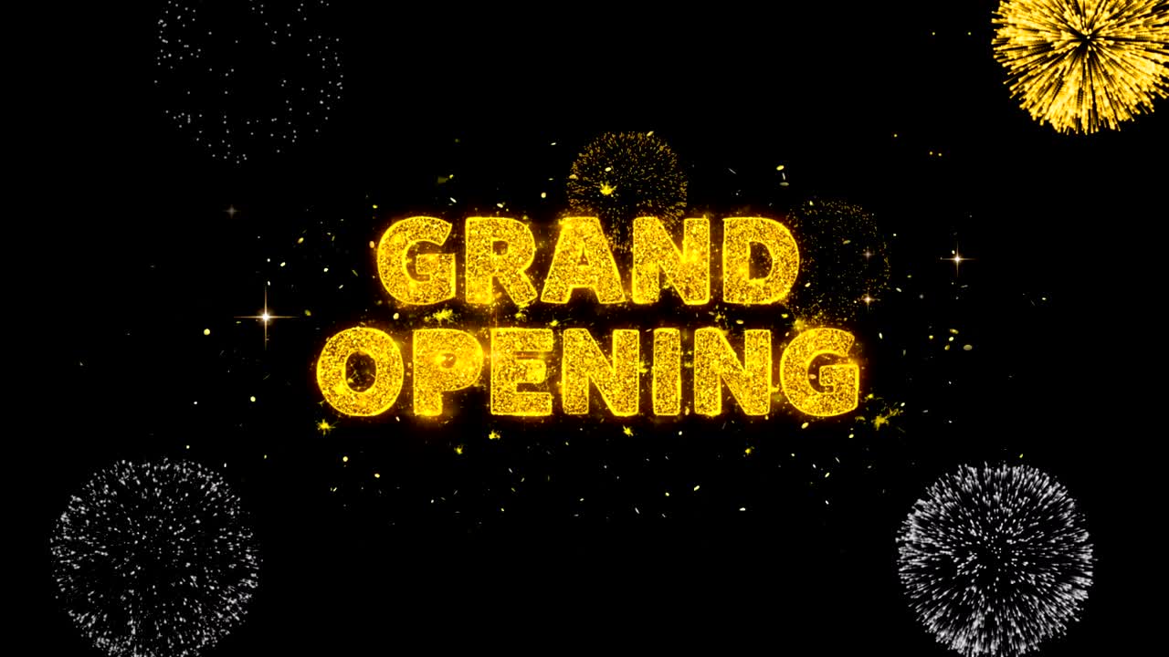 그랜드 오프닝 텍스트는 반이는 황금 입자 불꽃놀이를 보여줍니다.