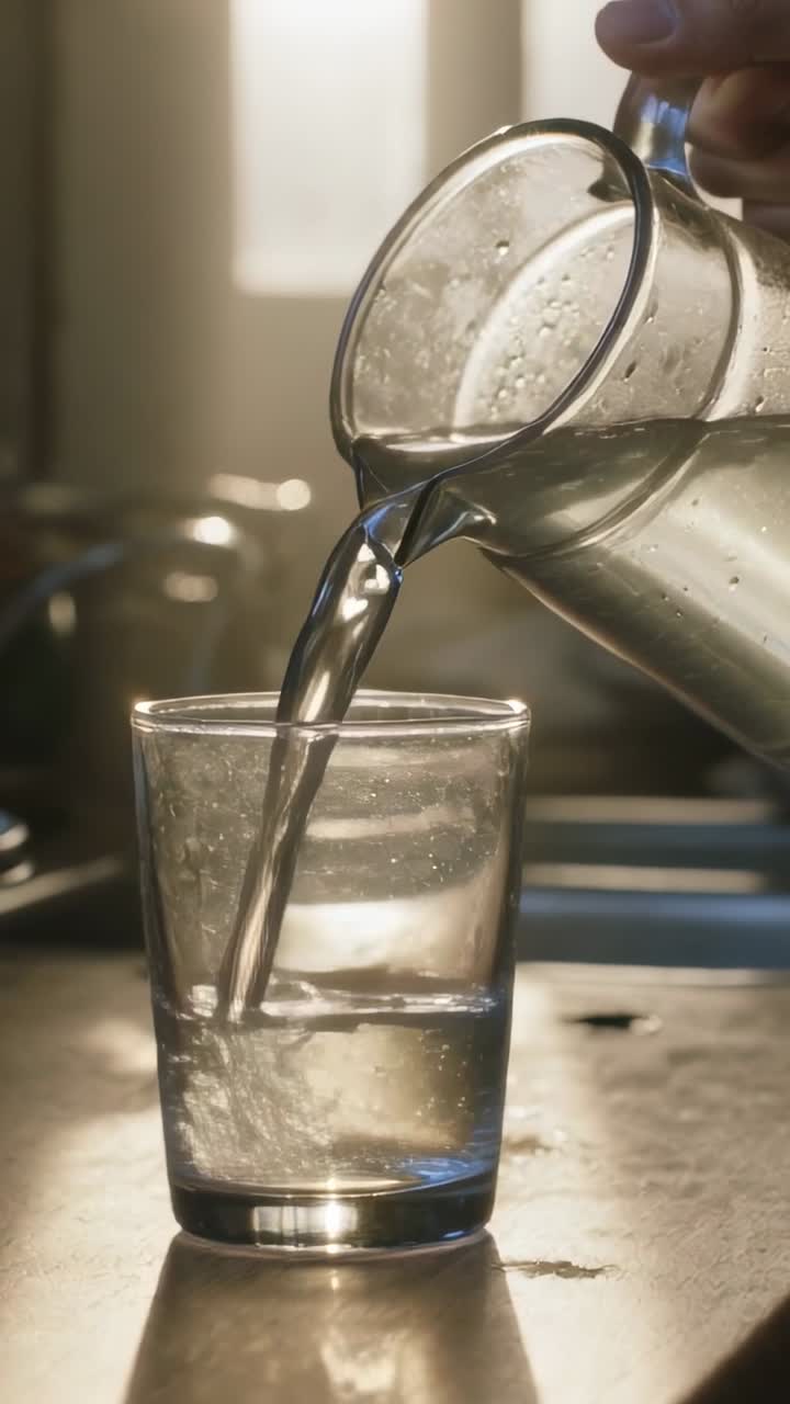 Vertikales Video: Wasser wird gegossen; eine rechte Hand greift nach einem Krug und füllt ein Glas auf der Arbeitsplatte.
