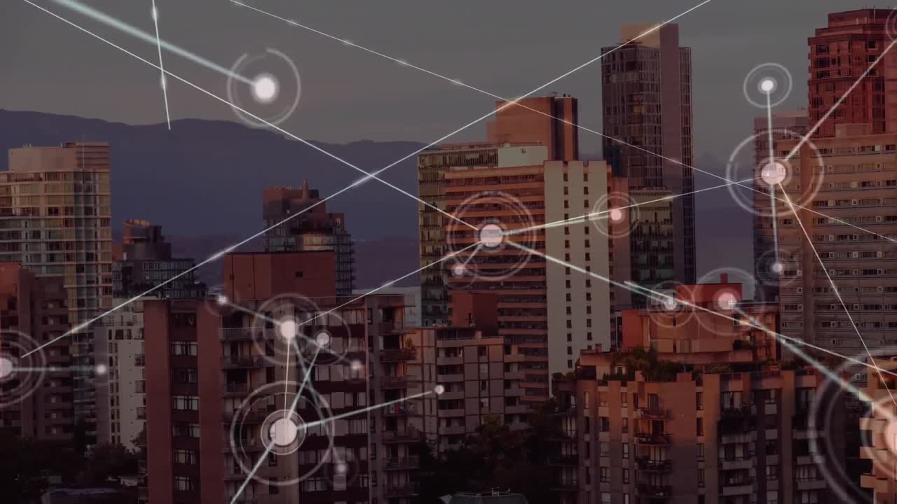 animación de la red de conexiones sobre el paisaje urbano