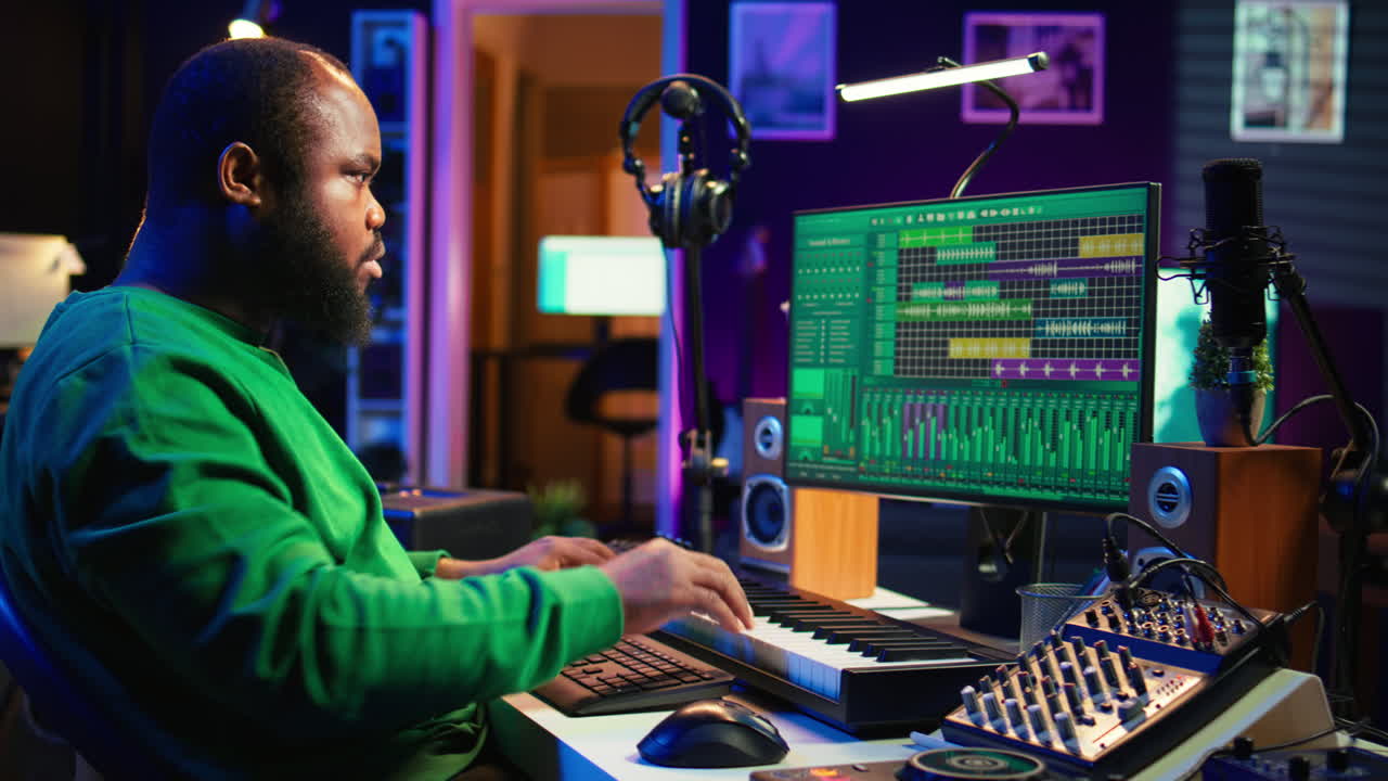 ingeniero de sonido tocando el piano y mezclando melodías en software digital