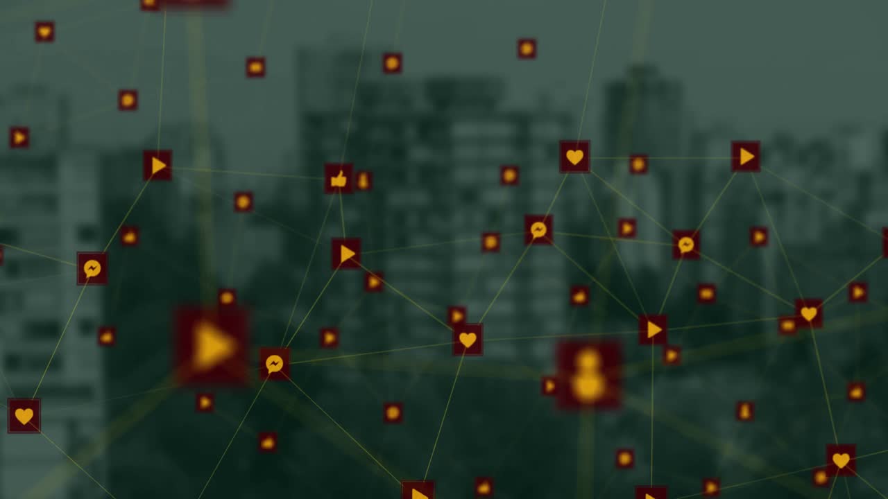animación de una red de iconos digitales frente a una vista aérea del paisaje urbano