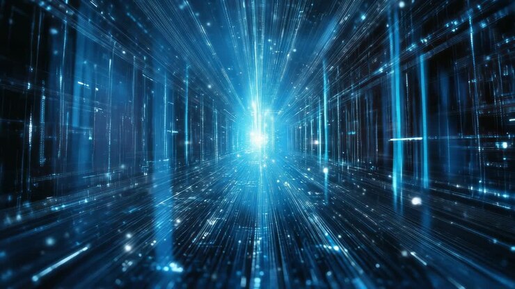 Futuristic digital tunnel with glowing blue lines, captured from a dynamic first-person angle