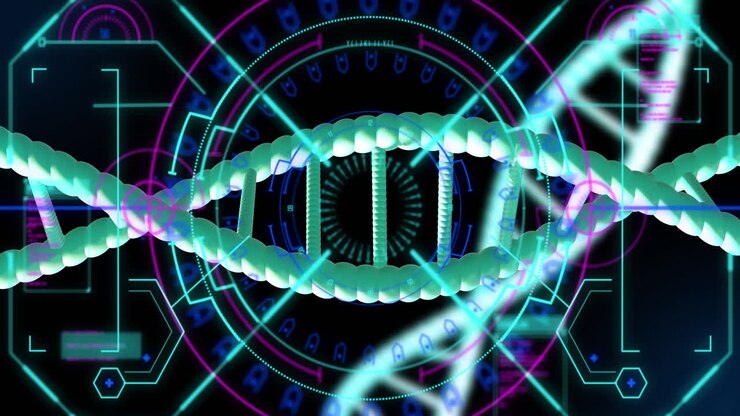 Animazione di filamenti di DNA che ruotano con elaborazione dati su sfondo nero