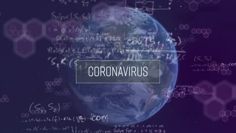 animación de la palabra coronavirus con fórmulas científicas, giro del globo, propagación del coronavirus