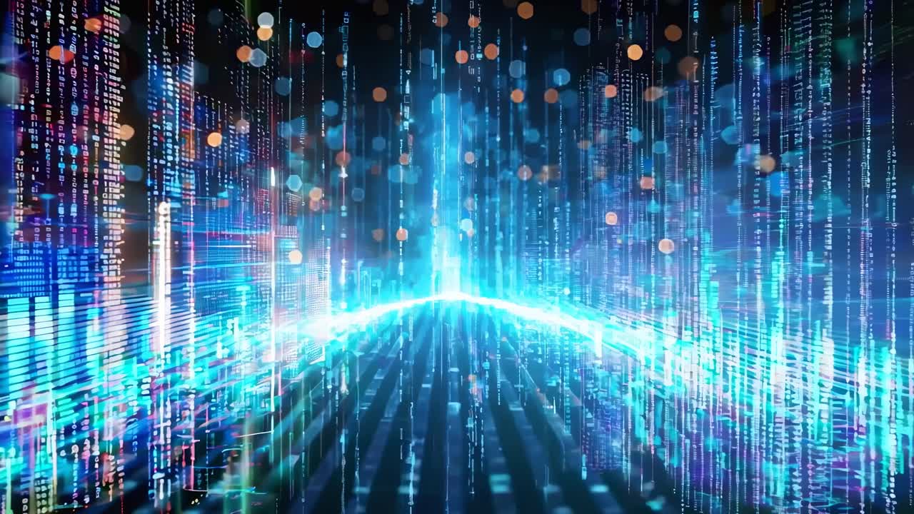 Futuristic digital landscape with glowing blue lines and particles, viewed from a low angle