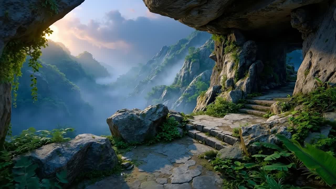 A rocky path leading up to a cave in the mountains