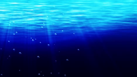 burbujas bajo el agua que se elevan a la superficie del agua. el océano azul iluminó los rayos brillantes. burbujas de agua en el mar. animación de bucle.