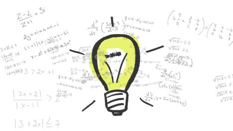 Animation of mathematical equations and data processing with light bulb over white background