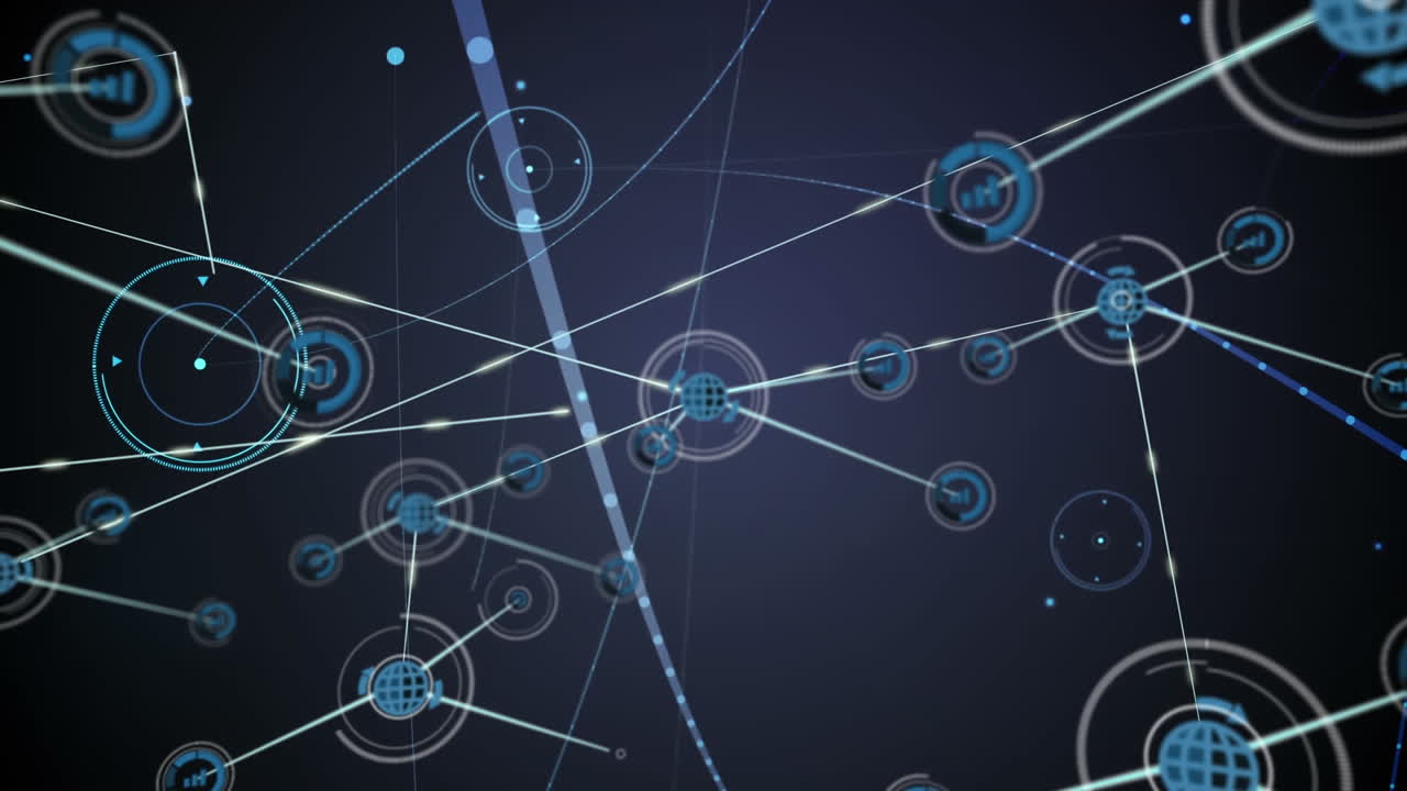 파란색 배경에 디지털 아이콘 및 빛 점 네트워크의 애니메이션