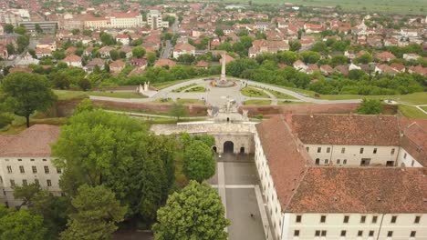 Aerial,-Forward-moving-shot-in-Citadel-Alba-Carolina-during-summer,-Showing-european-buildings