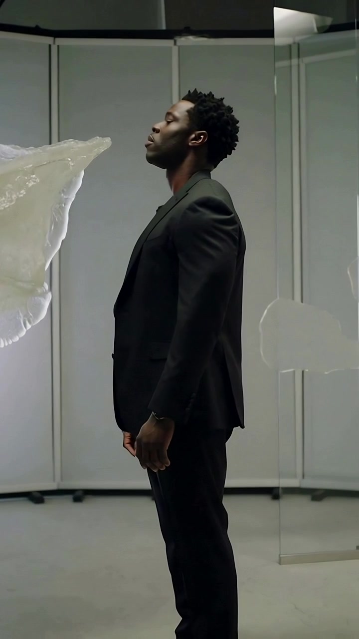 Vertical video: Tilting man in suit raising chin as veil drifting from left on stage, watch visible