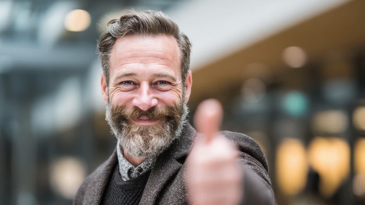 Un hombre barbudo y seguro de sí mismo con una sonrisa encantadora haciendo un gesto de pulgar hacia arriba en un entorno interior luminoso y moderno, irradiando positividad y aliento.