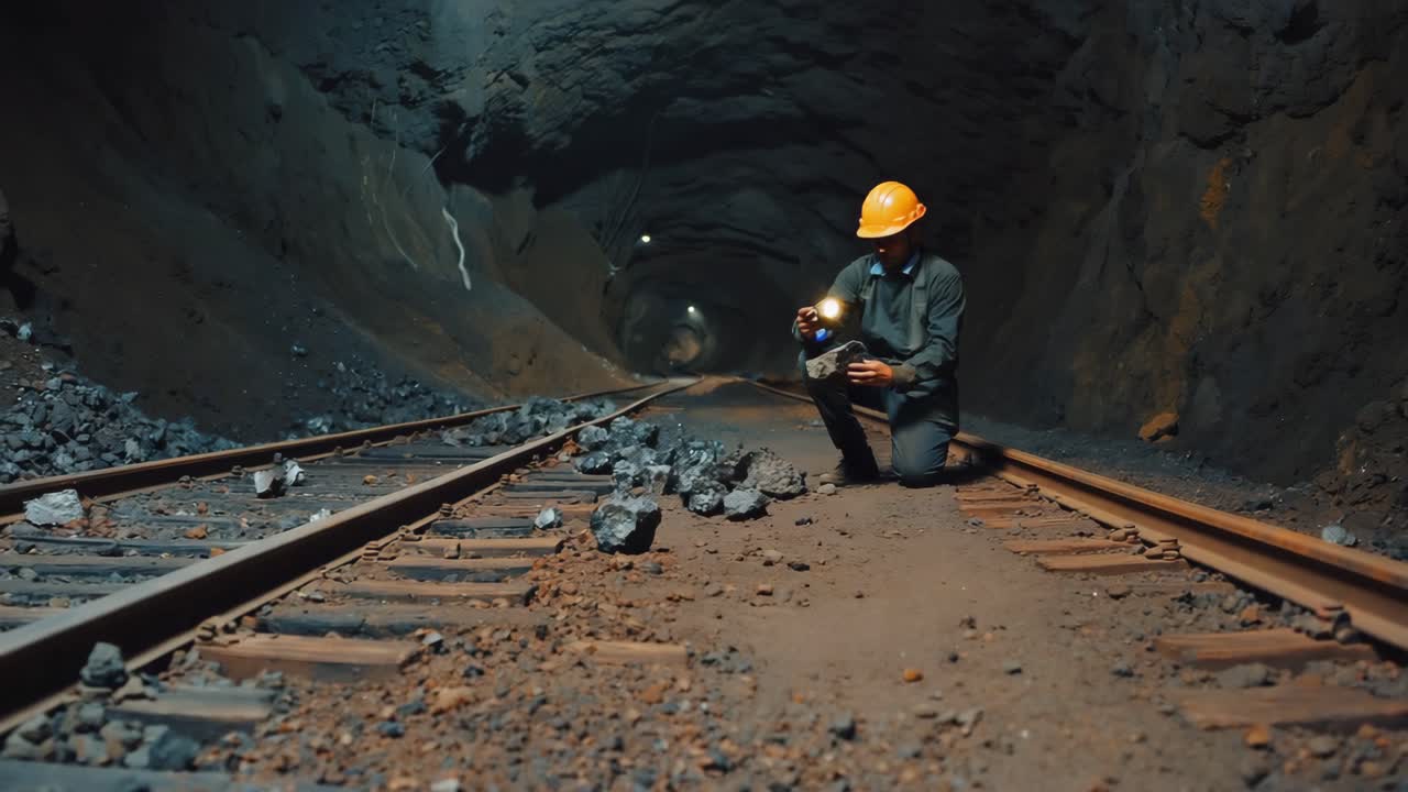 Miner Inspecting Railroad Tracks in a Coal Mine Tunnel