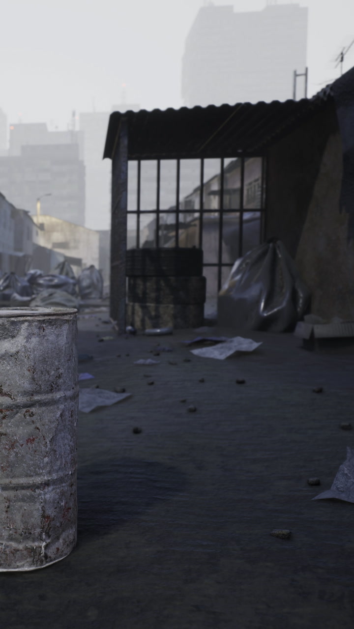 Abandoned urban scene showcasing a forgotten barrel in a desolate alleyway