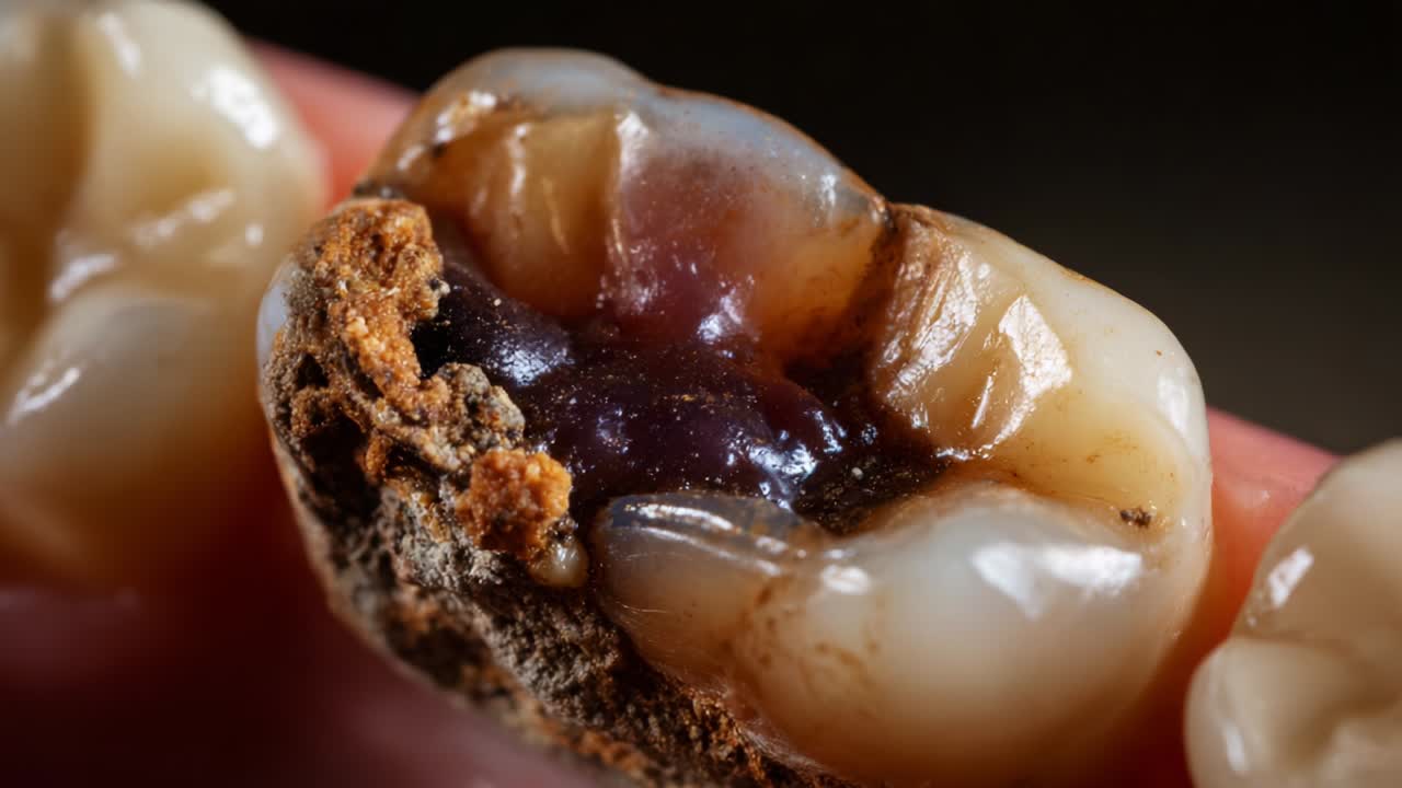 Detailed Close-Up Examination of a Tooth Showing Extensive Decay and Cavitation, Highlighting the Color Variations, Texture, and Composition of Dental Issues in Oral Health