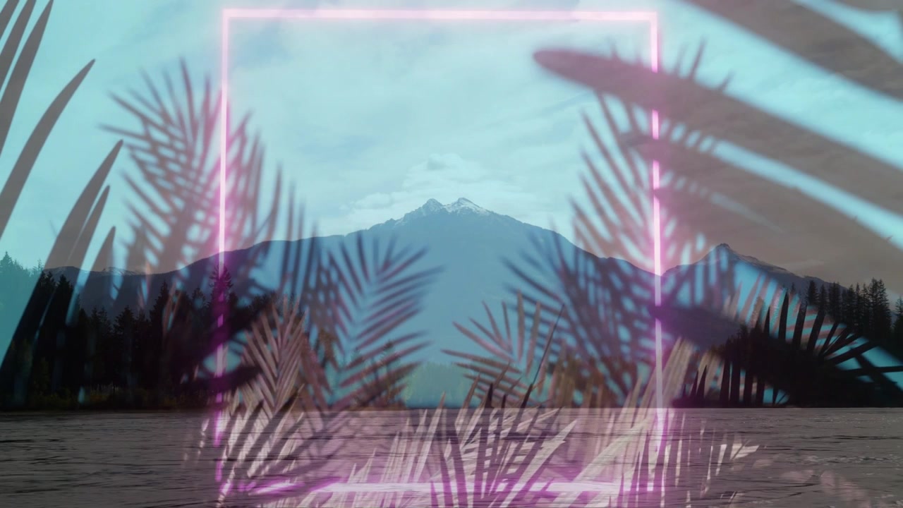 Pita magenta muncul, menyebabkan pelepah palem bergeser saat puncak tetap di tengah, bingkai neon membingkai pemandangan.