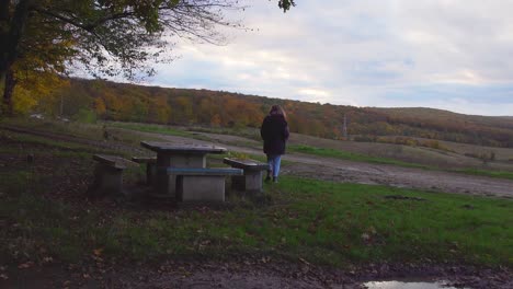 mujer caminando y pasando por una mesa de picnic de hormigón en una colina - bosque de hoia en otoño - toma estática