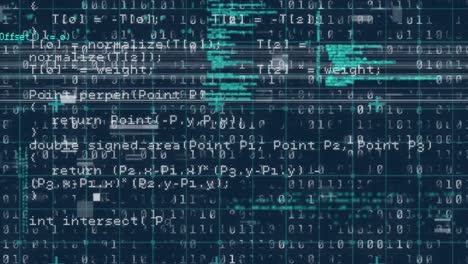 Digital-animation-of-data-processing-over-grid-network-against-blue-background