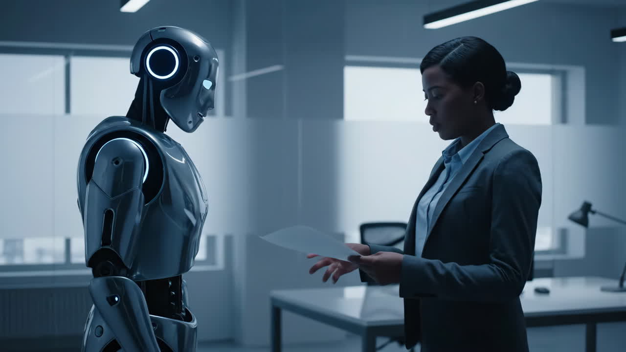 Robot and Businesswoman Meeting in Office