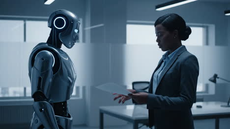 robot and businesswoman meeting in office