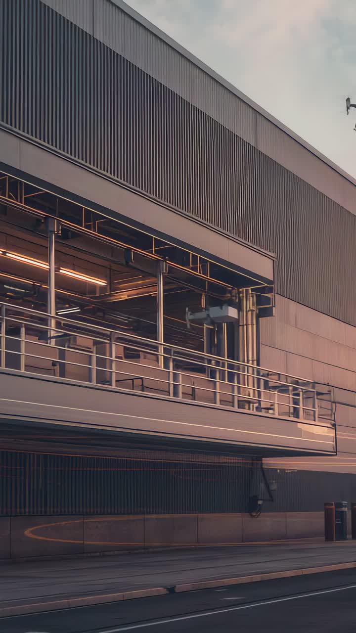 Vertical video: Entering from right drone flying and hovering near platform curb, surveying lights