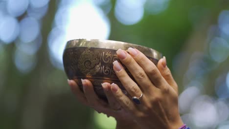 primer plano de la mano de una persona que lleva un recipiente de bronce en el parque salto encantado ubicado en misiones, argentina