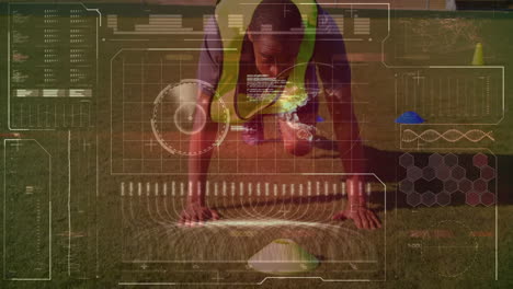 animación de procesamiento de datos sobre jugador de fútbol americano africano en el fondo
