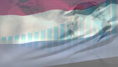 Waving-netherlands-flag-against-spinning-globe-and-statistical-data-processing