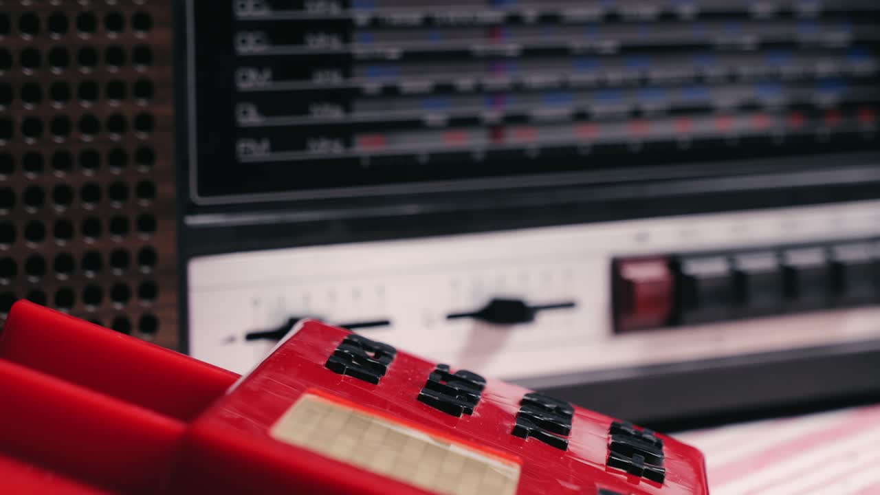Retro vintage red phone, telephone is displayed on a wooden desk, adding a nostalgic touch. Man answer for call on button 90 phone.