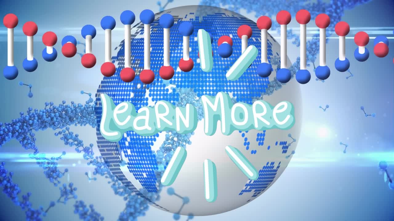 Animation of dna helixes, flying abstract pattern and learn more text in rotating globe