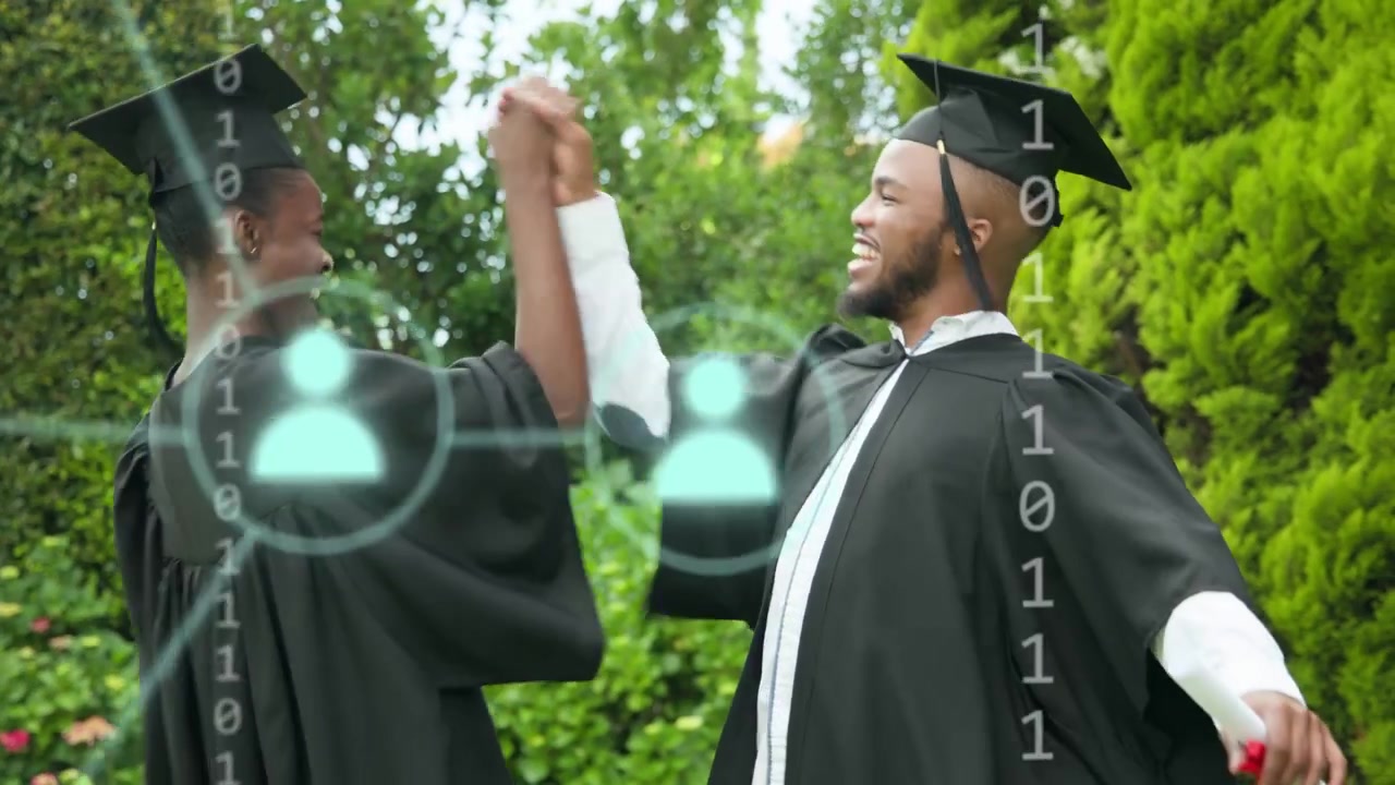 Woman grabbing diploma sparking two grads cheering grad in garden with binary digits, user icons