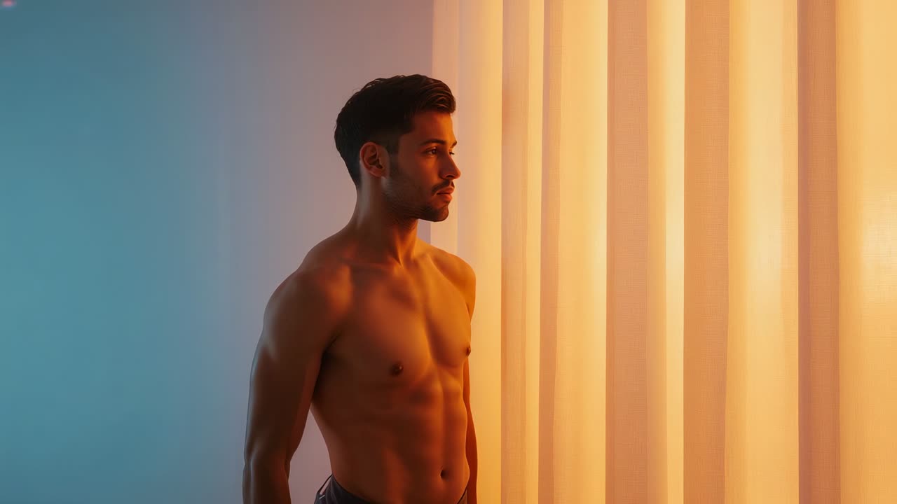 Modello a torso nudo in piedi, illuminato da tende retroilluminate calde, in posa in studio, con spazio per il testo.