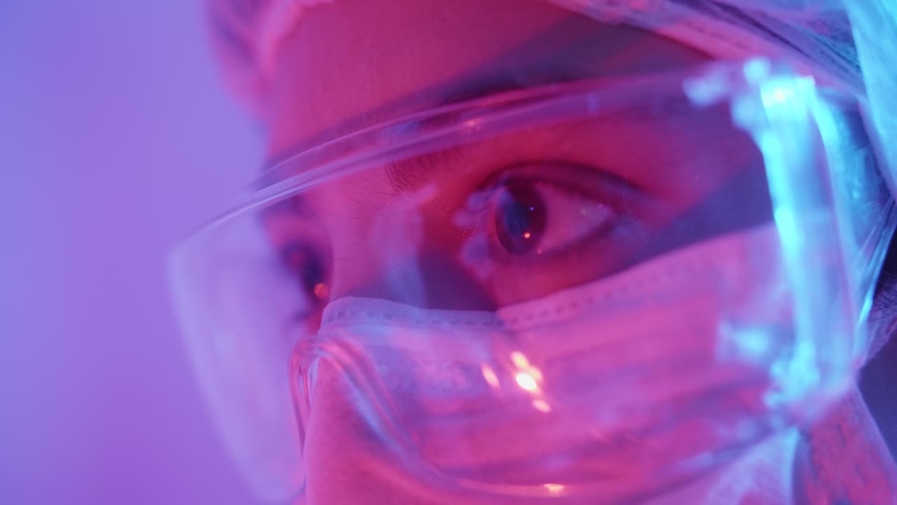 Close-up of Scientist's Eyes in Protective Gear Under Neon Lights