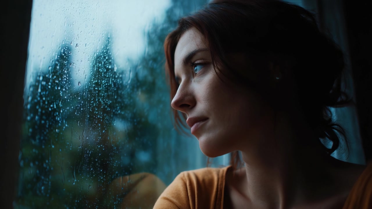 A pensive woman gazes through a rain-drenched window, reflecting on thoughts amid the soothing sound of raindrops, capturing a moment of quiet contemplation.