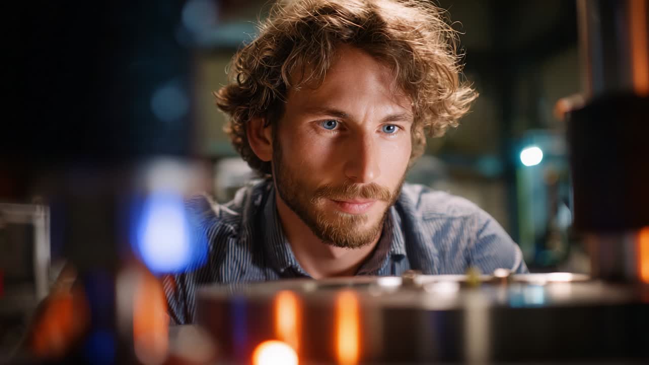 A focused engineer conducting intricate experiments with advanced machinery, analyzing results while surrounded by a vibrant workspace filled with technical equipment and ambient lighting highlighting his concentration
