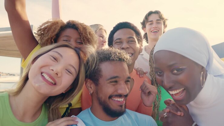 Latin young man taking a happy selfie with multi-ethnic friends