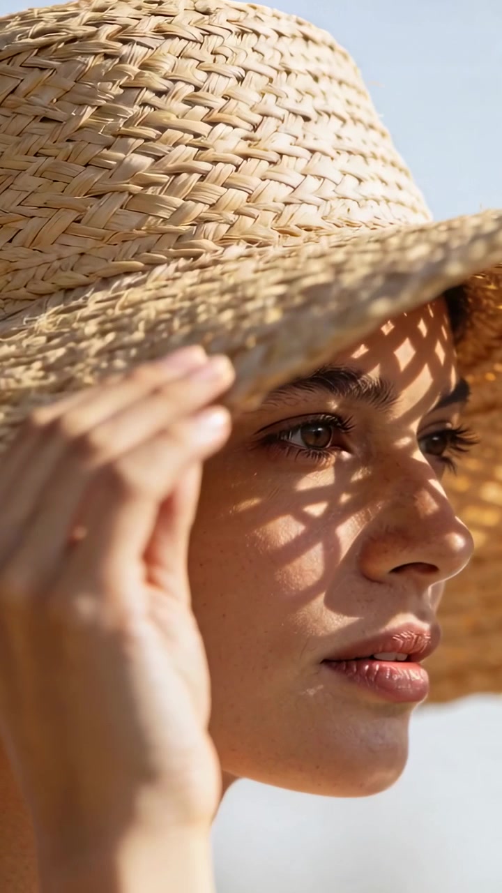 Video verticale: Donna adulta che inclina la testa e muove la mano lungo la tesa del cappello di paglia alla luce del sole, riparandosi gli occhi.