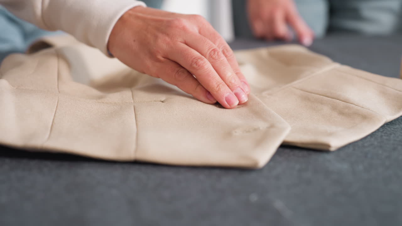 Female tailor gently lifts button from beige jacket fabric on worktable while checking placement, ensuring proper alignment during sewing process inside tailoring studio, showing hand precision