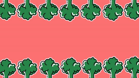 animación de dos filas de brócoli verde que se mueven en la parte superior e inferior del fondo rosa