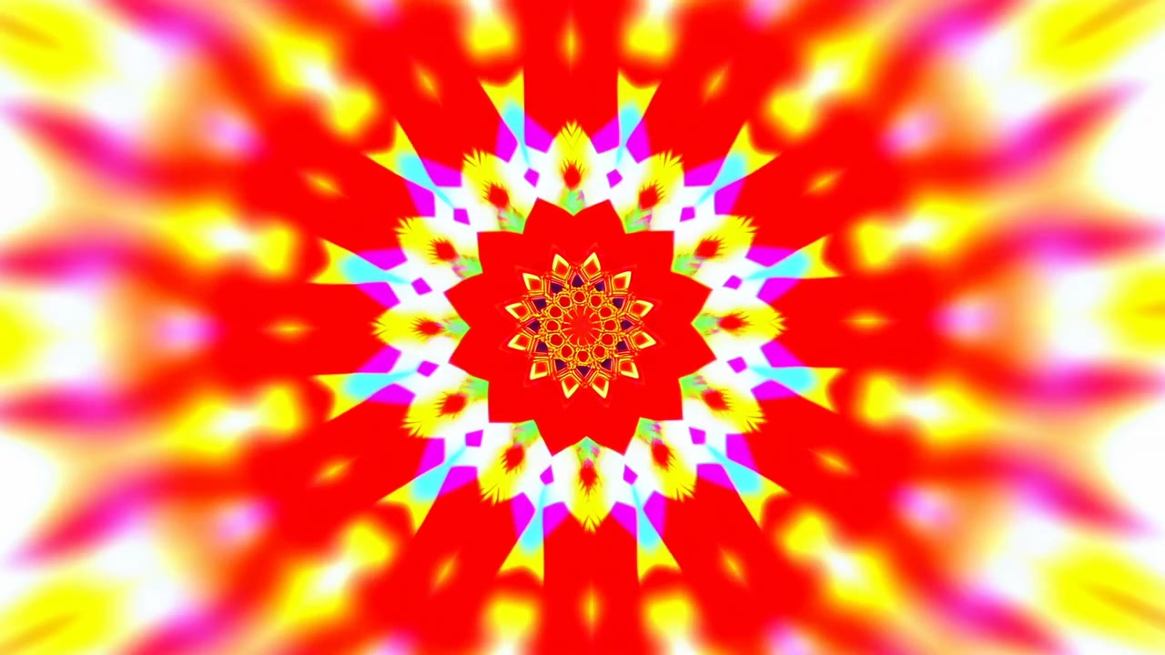 Pulsazioni frontali radiali di mandala con diffusione verso l'esterno, mentre una stella centrale nitida e una geometria a reticolo transizionano in anelli esterni morbidi e luminosi, palette dominante di rosso intenso con magenta, giallo e