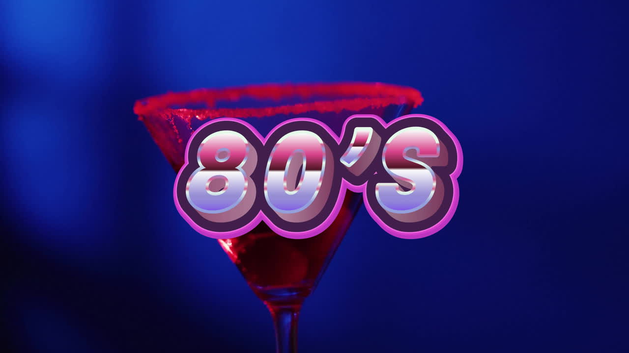 animación de texto de neón de los años 80 y cóctel sobre fondo azul