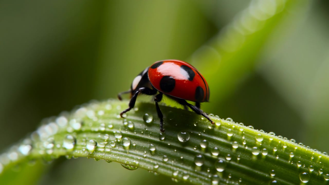 Ladybug On Dewy Leaf Closeup, Red And Black Ladybird Crawling Across Textured Grass Blade Covered In Sparkling