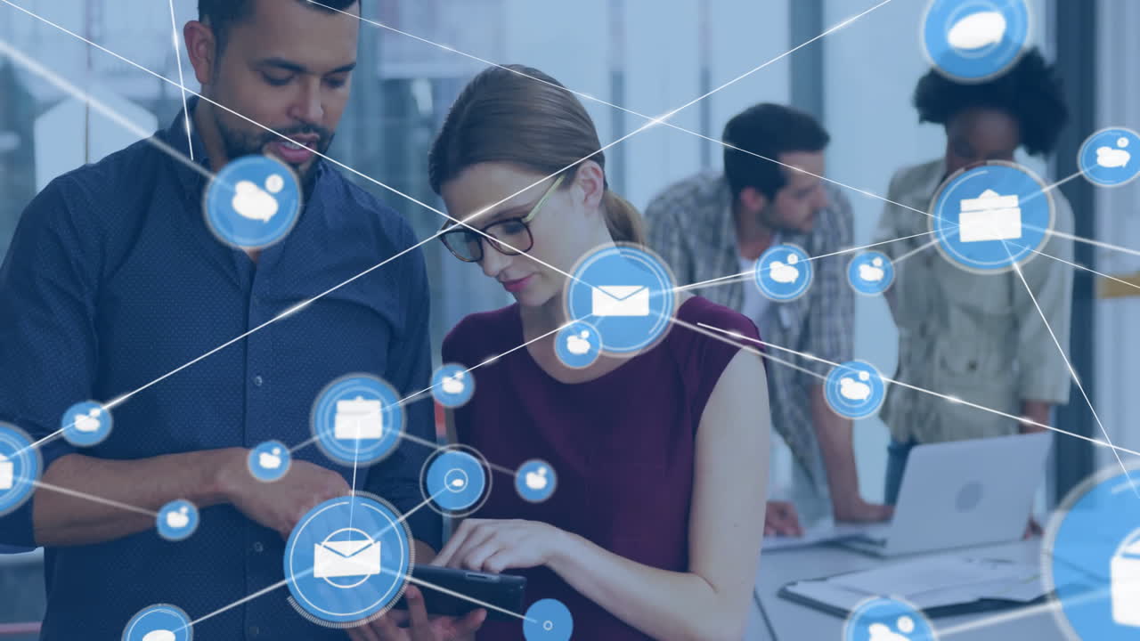 Collaborating in office, business professionals using digital network animation for project