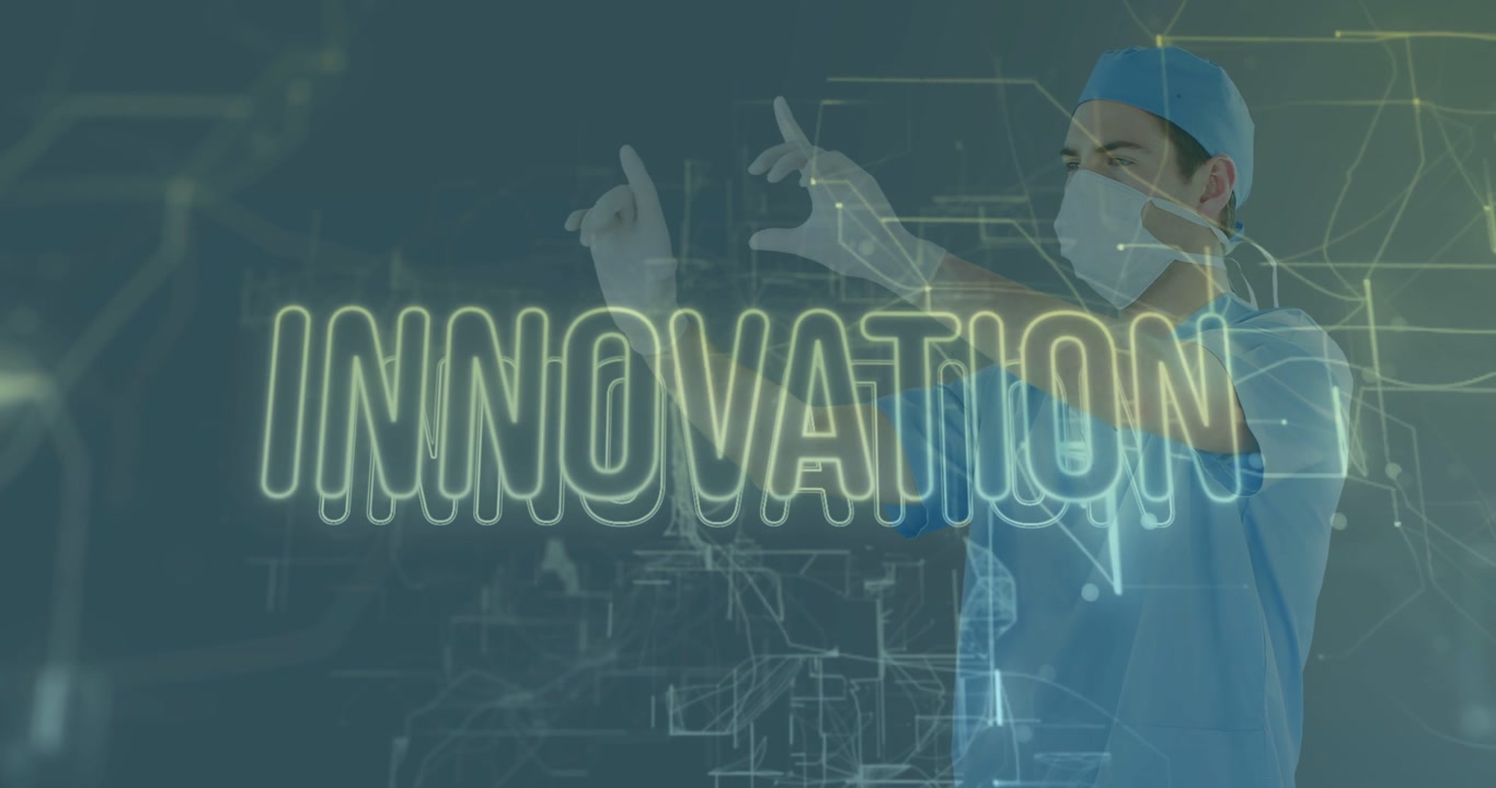 Doctor uncrossing arms and tapping INNOVATION hologram, animating schematics, showcasing med tech