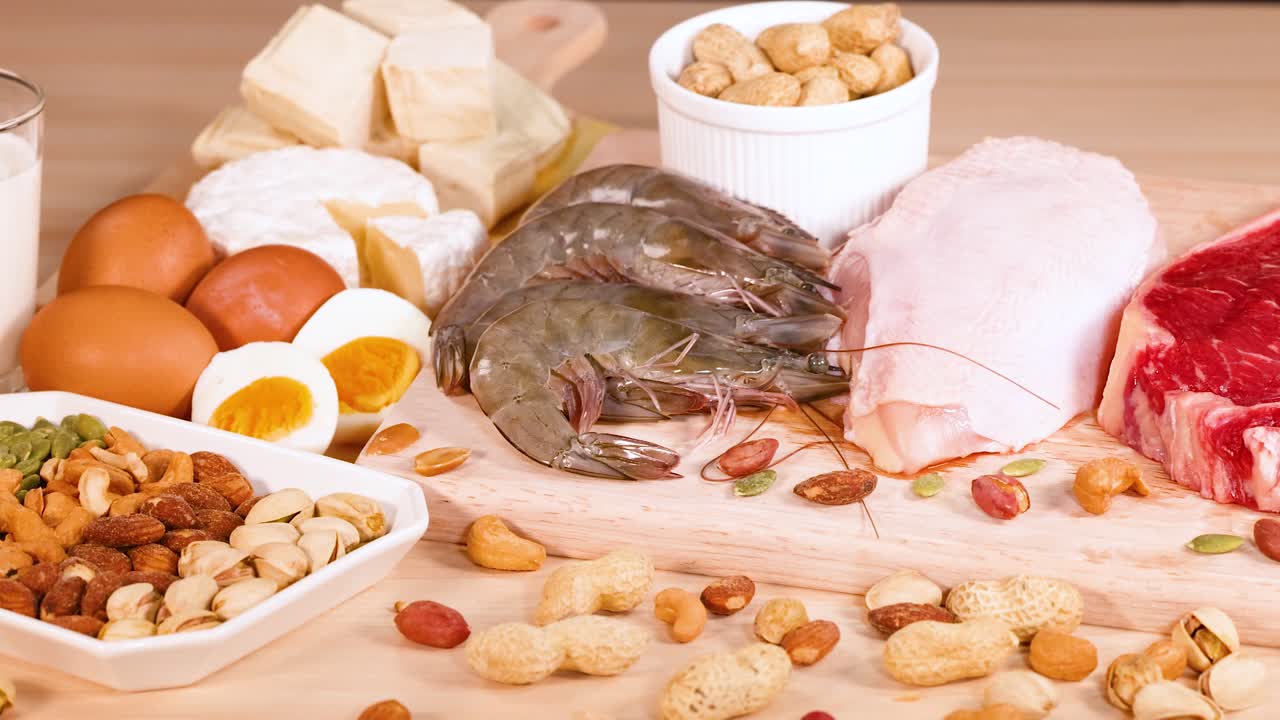 variedad de alimentos ricos en proteínas en superficie de madera