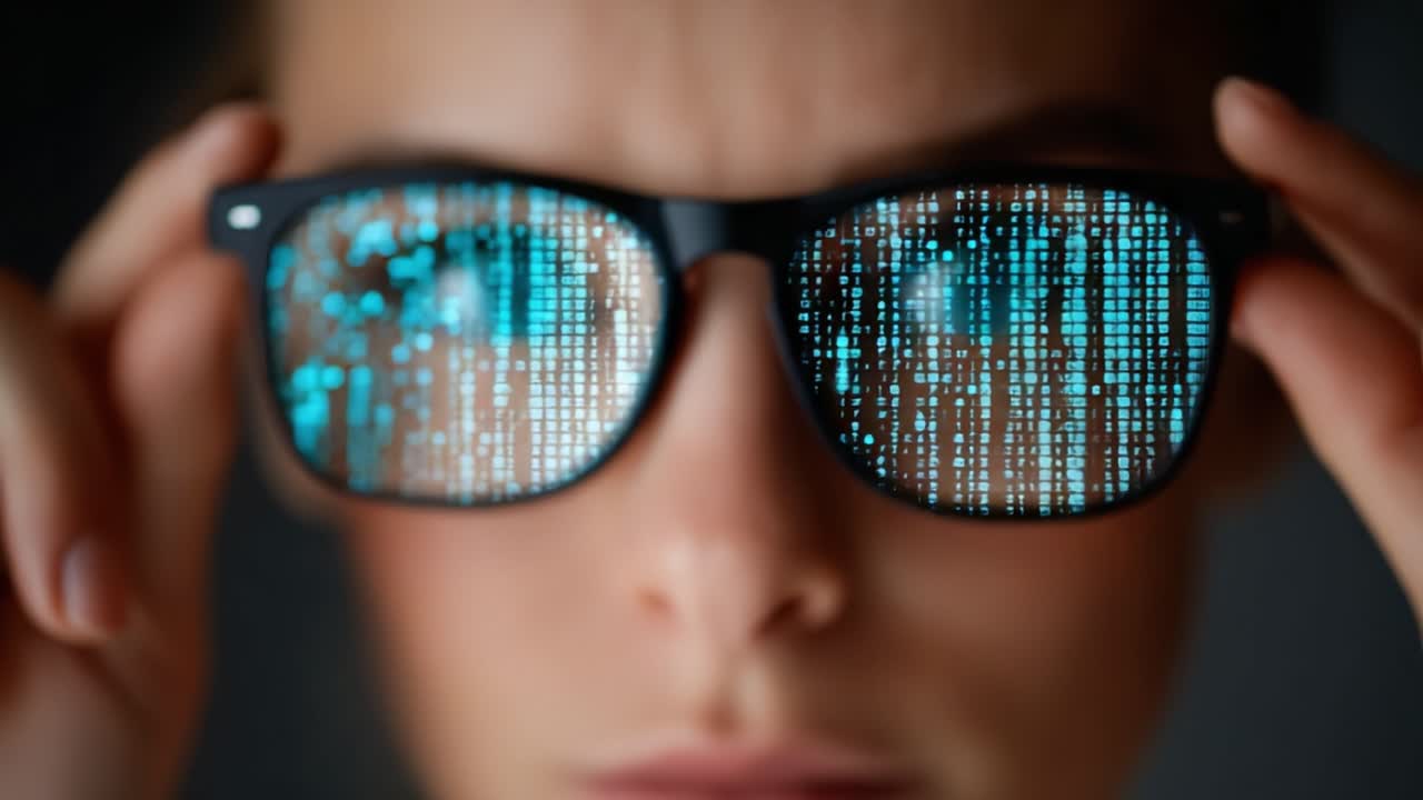 A Close-Up View of a Person Wearing Glasses with Reflections of Digital Code, Emphasizing the Intersection of Technology and Vision in Today's Data-Driven World