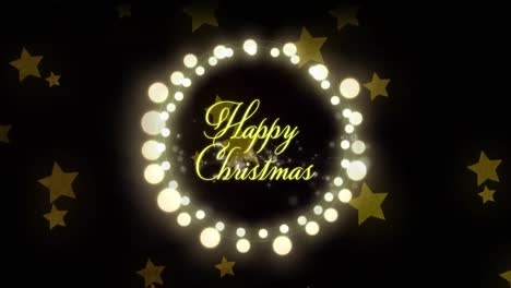 Animation-of-happy-christmas-with-fairy-lights-over-stars-on-black-background
