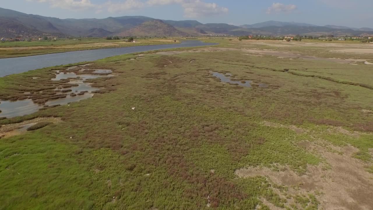 공중: 통과하는 도로 다리와 일부 농업용 건물이 있는 강 삼각주