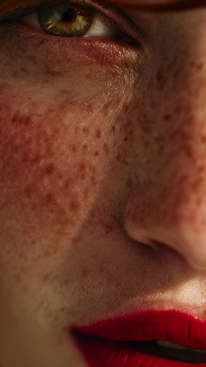 Primo piano di un viso lentigginoso con sorprendenti occhi verdi e labbra rosse audaci, che cattura la bellezza unica e la texture della pelle in un modo visivamente accattivante