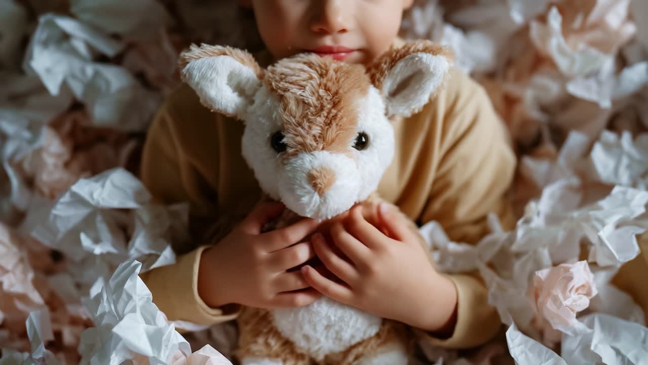 A Child Embracing a Plush Toy Amidst a Sea of Crumpled Paper, Capturing the Innocence and Joy of Playtime in a Cozy Environment